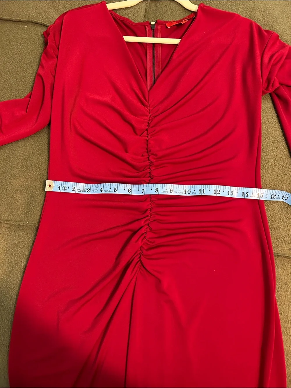 Narciso Rodriguez Ruched V-Neck Long Sleeve Red Sheath Dress